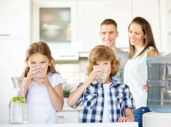 family drinking water